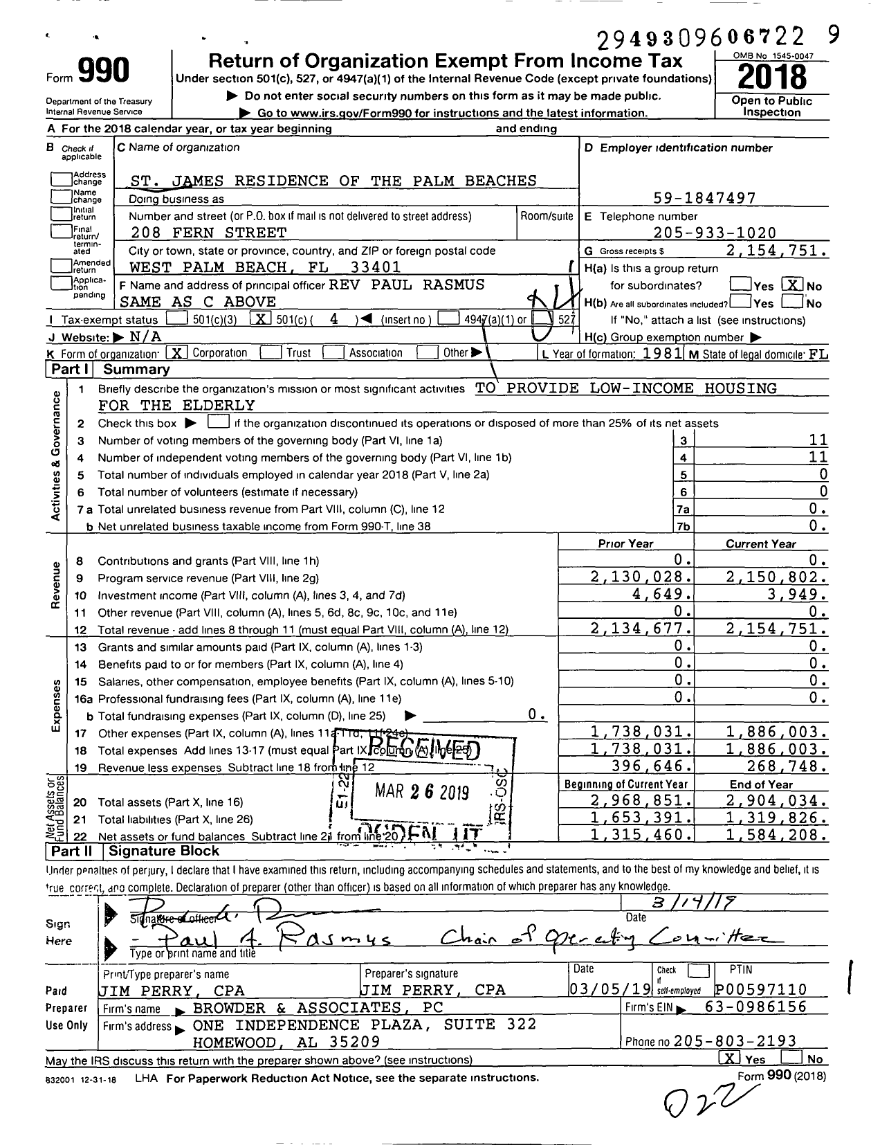 Image of first page of 2018 Form 990O for St James Residence of the Palm Beaches