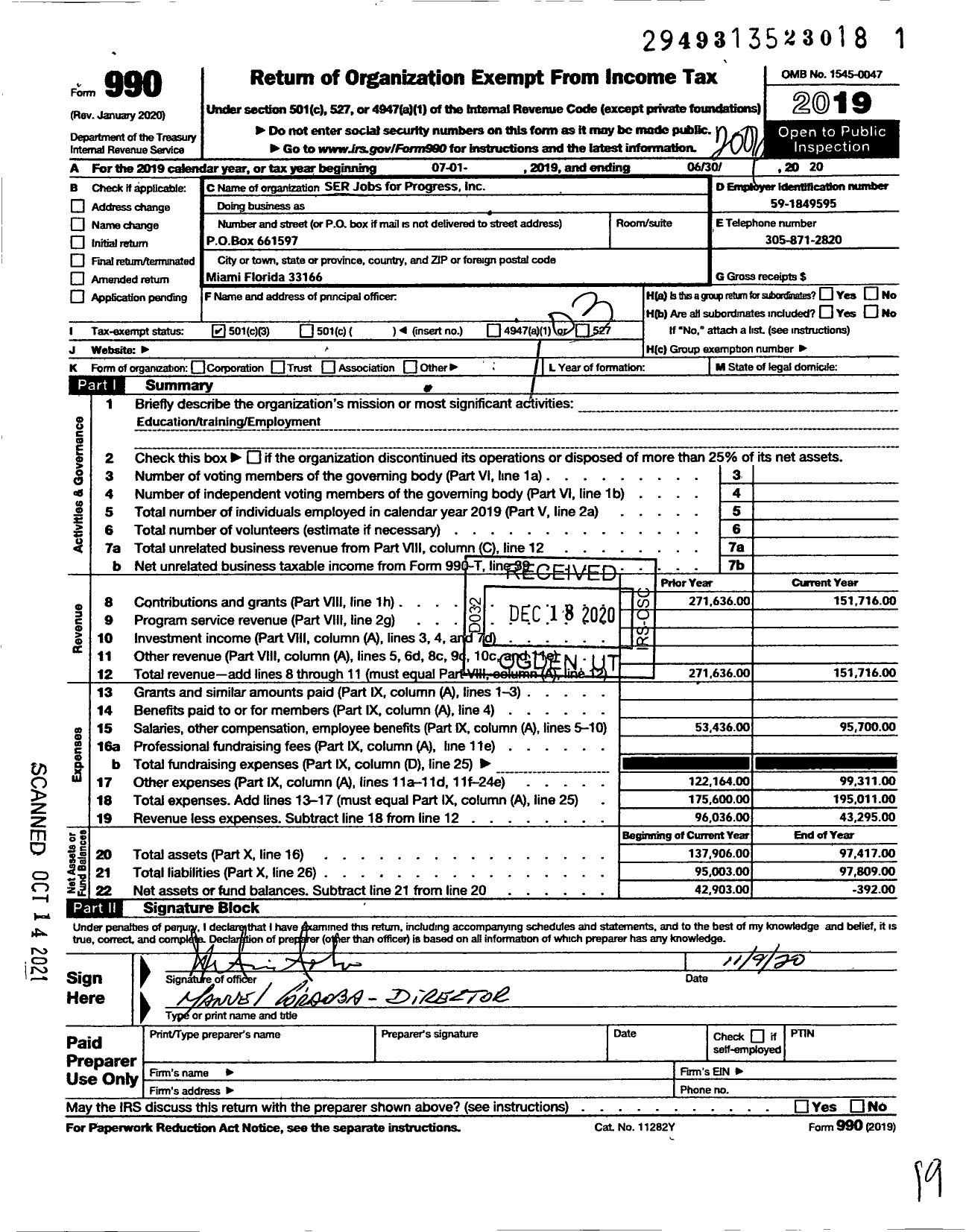 Image of first page of 2019 Form 990 for Ser-Jobs for Progress