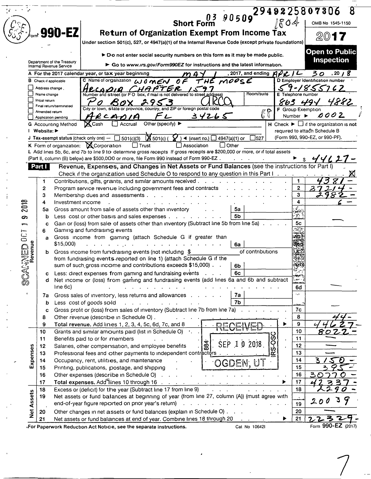 Image of first page of 2017 Form 990EO for Loyal Order of Moose - 1597