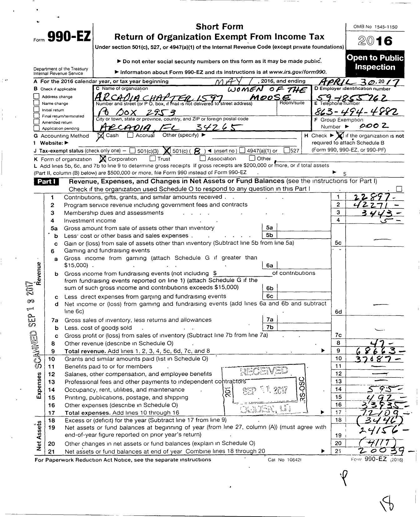 Image of first page of 2016 Form 990EO for Loyal Order of Moose - 1597