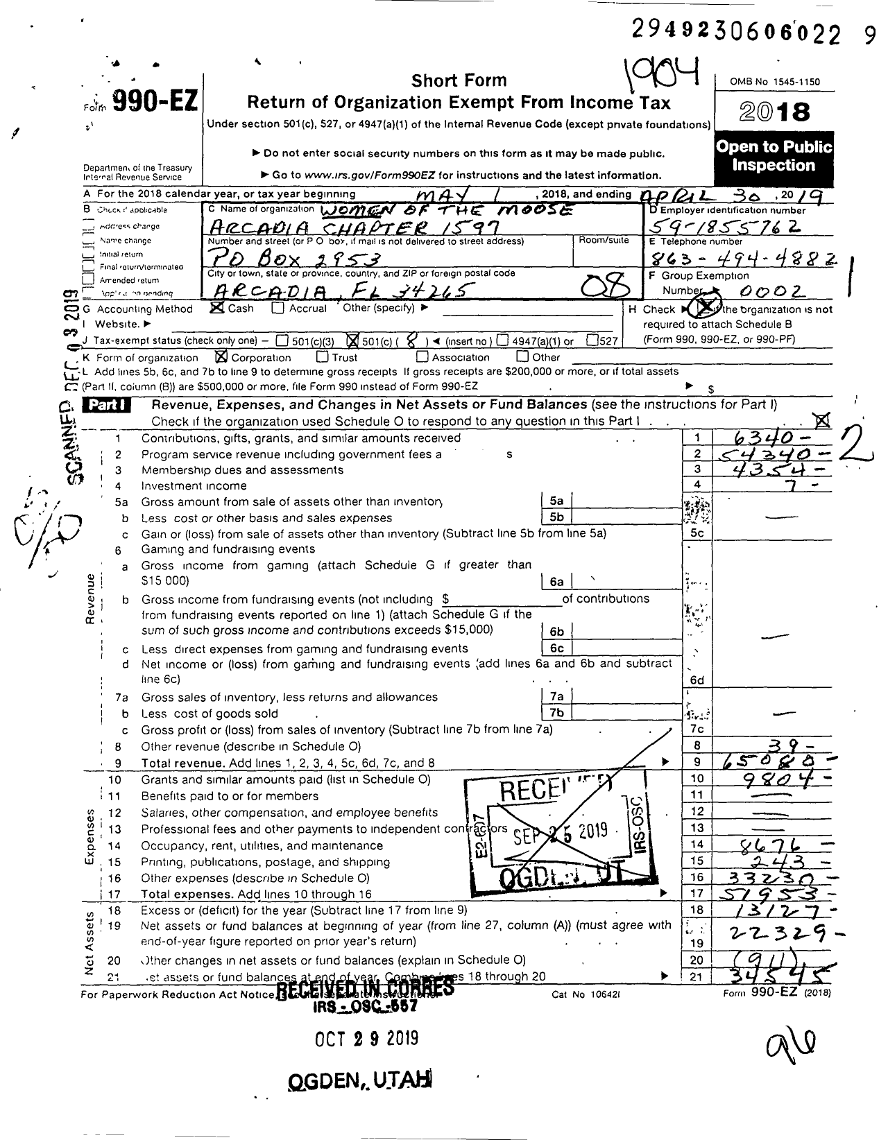 Image of first page of 2018 Form 990EO for Loyal Order of Moose - 1597