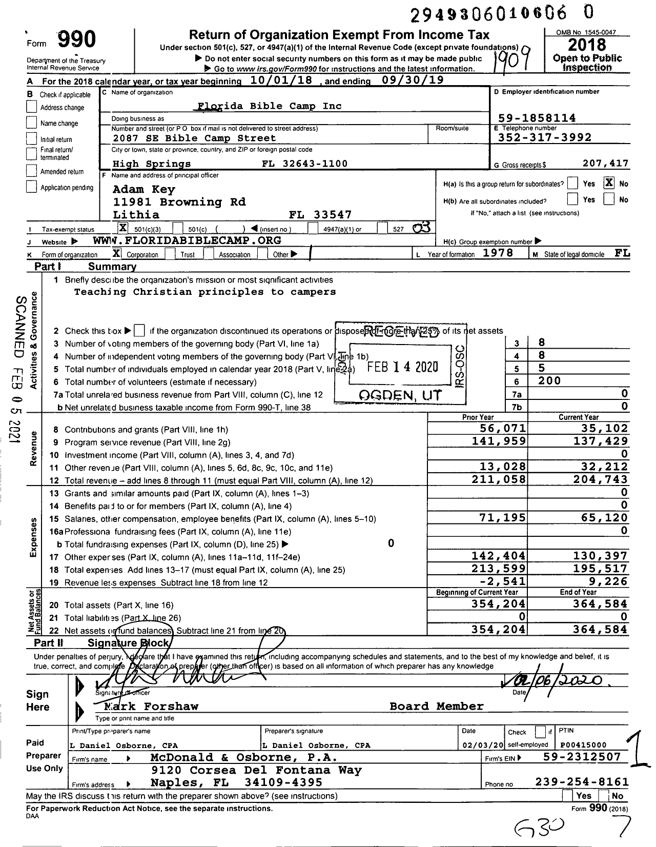 Image of first page of 2018 Form 990 for Florida Bible Camp