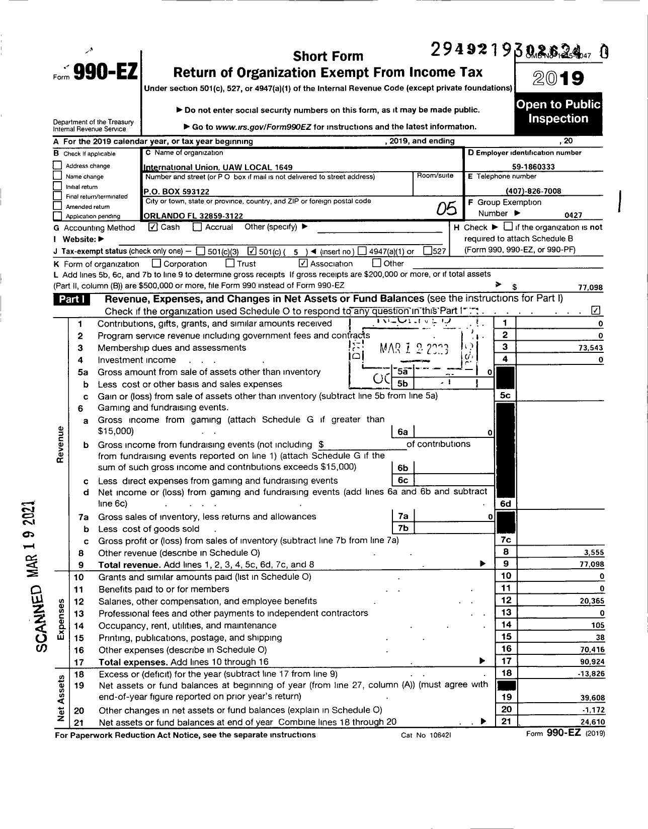 Image of first page of 2019 Form 990EO for UAW - 1649 LOCAL 8 Region