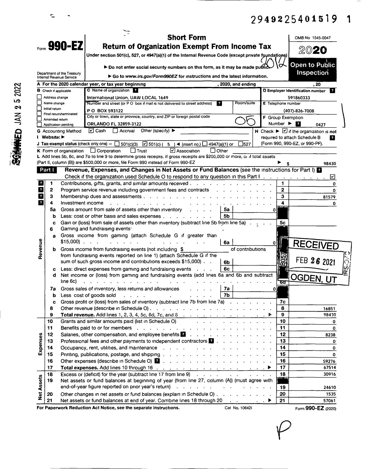 Image of first page of 2020 Form 990EO for UAW - 1649 LOCAL 8 Region