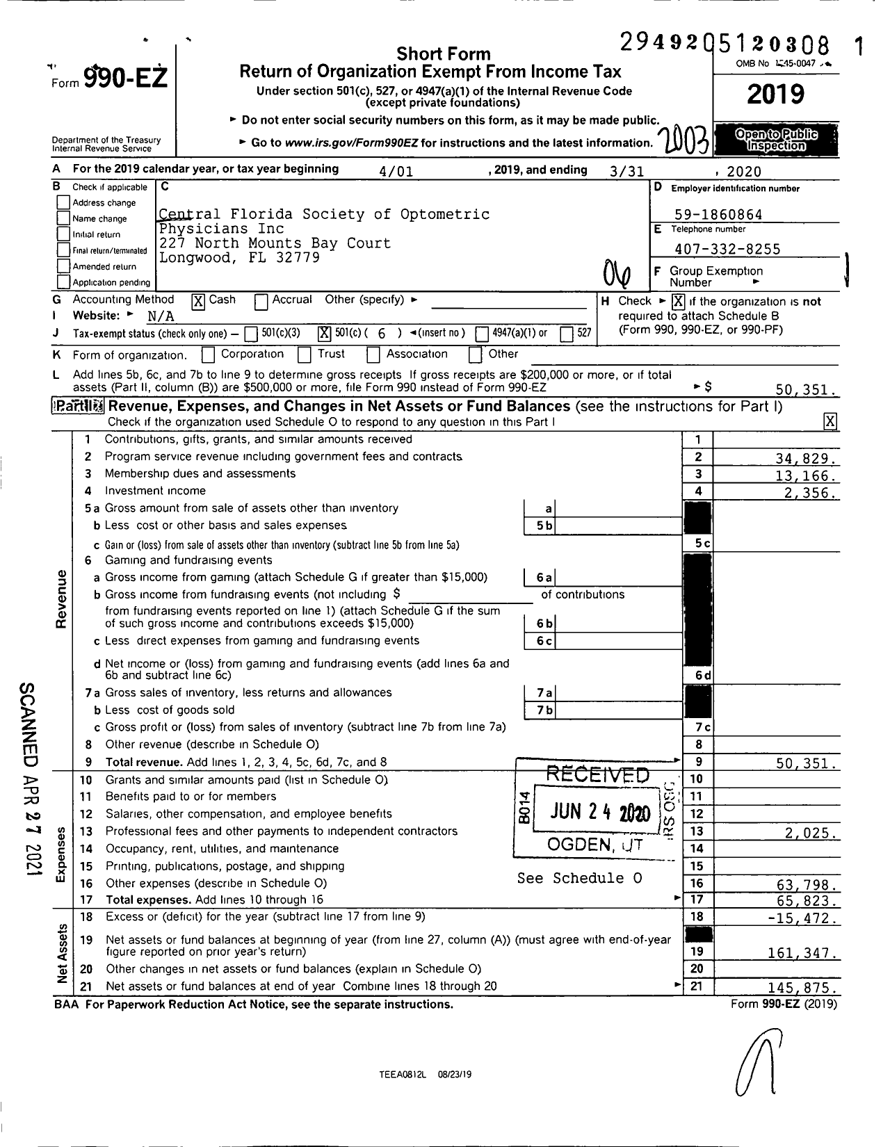 Image of first page of 2019 Form 990EO for Central Florida Society of Optometric Pysicians