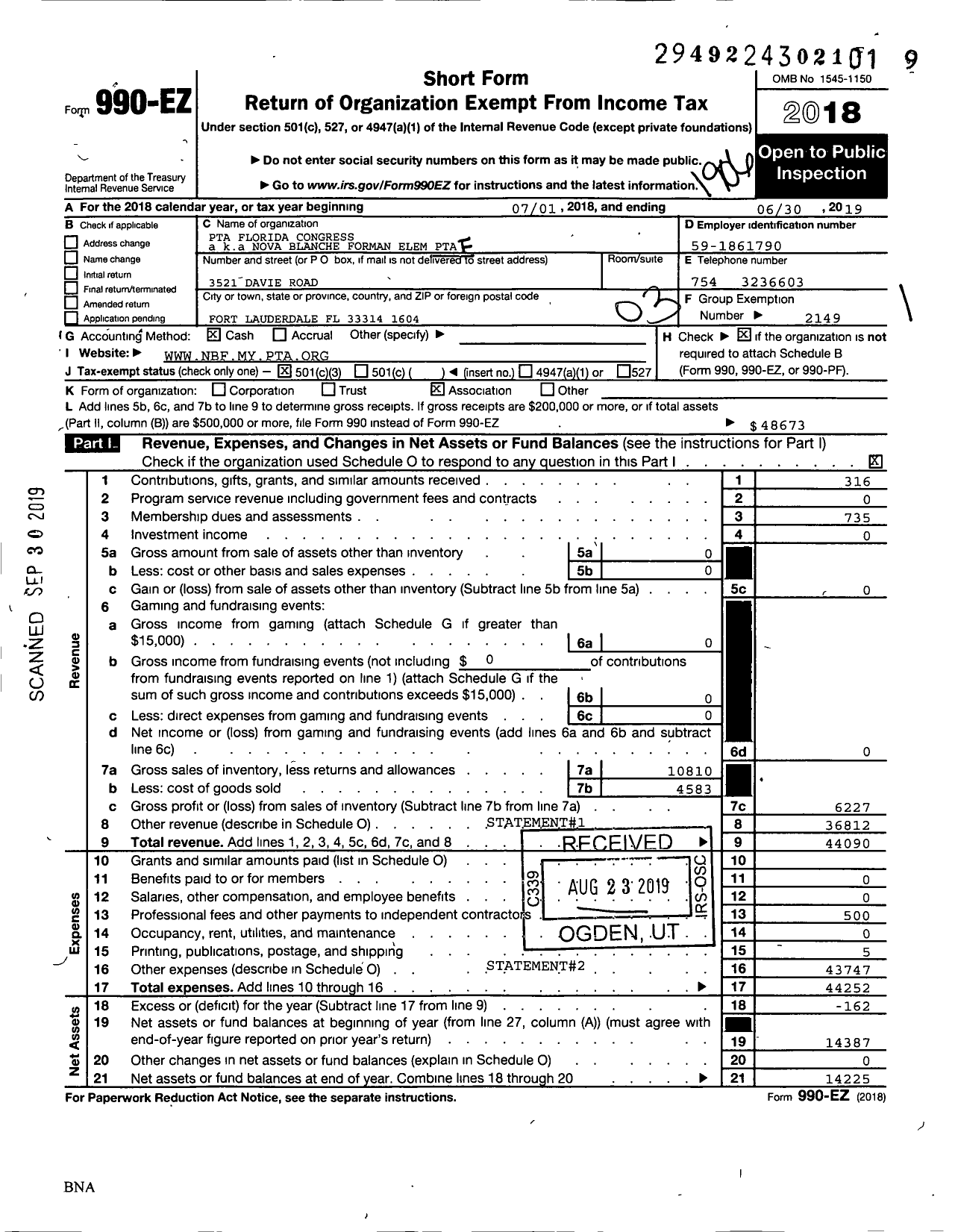 Image of first page of 2018 Form 990EZ for PTA Florida Congress - Nova Blanche Forman Elem PTA