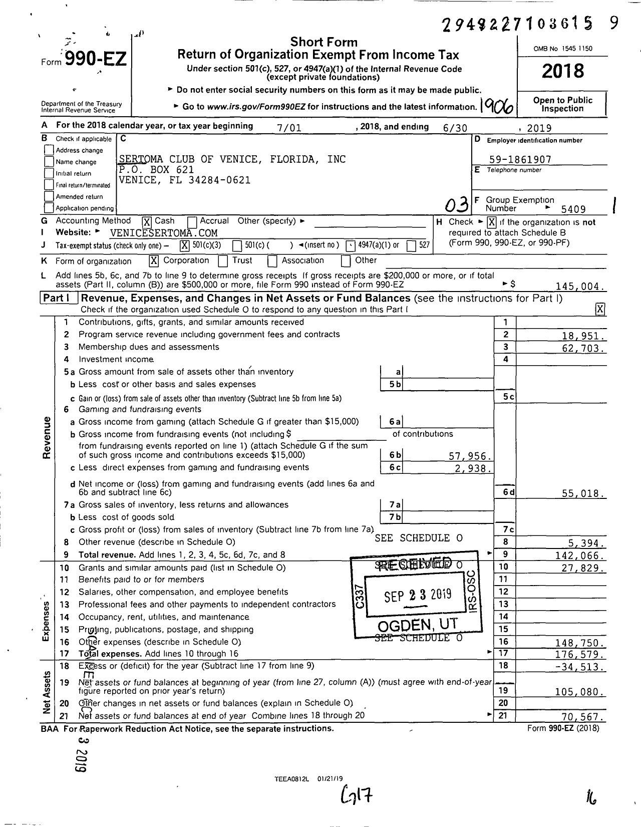 Image of first page of 2018 Form 990EZ for Sertoma - 10912 Sertoma Club of Venice FL