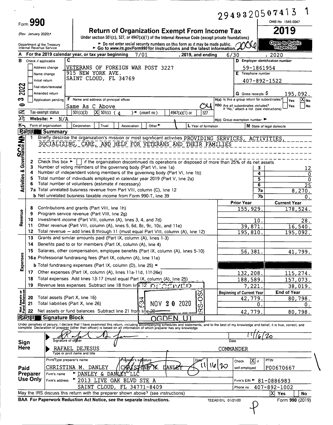 Image of first page of 2019 Form 990O for VFW Department of Florida - 3227 VFW Post