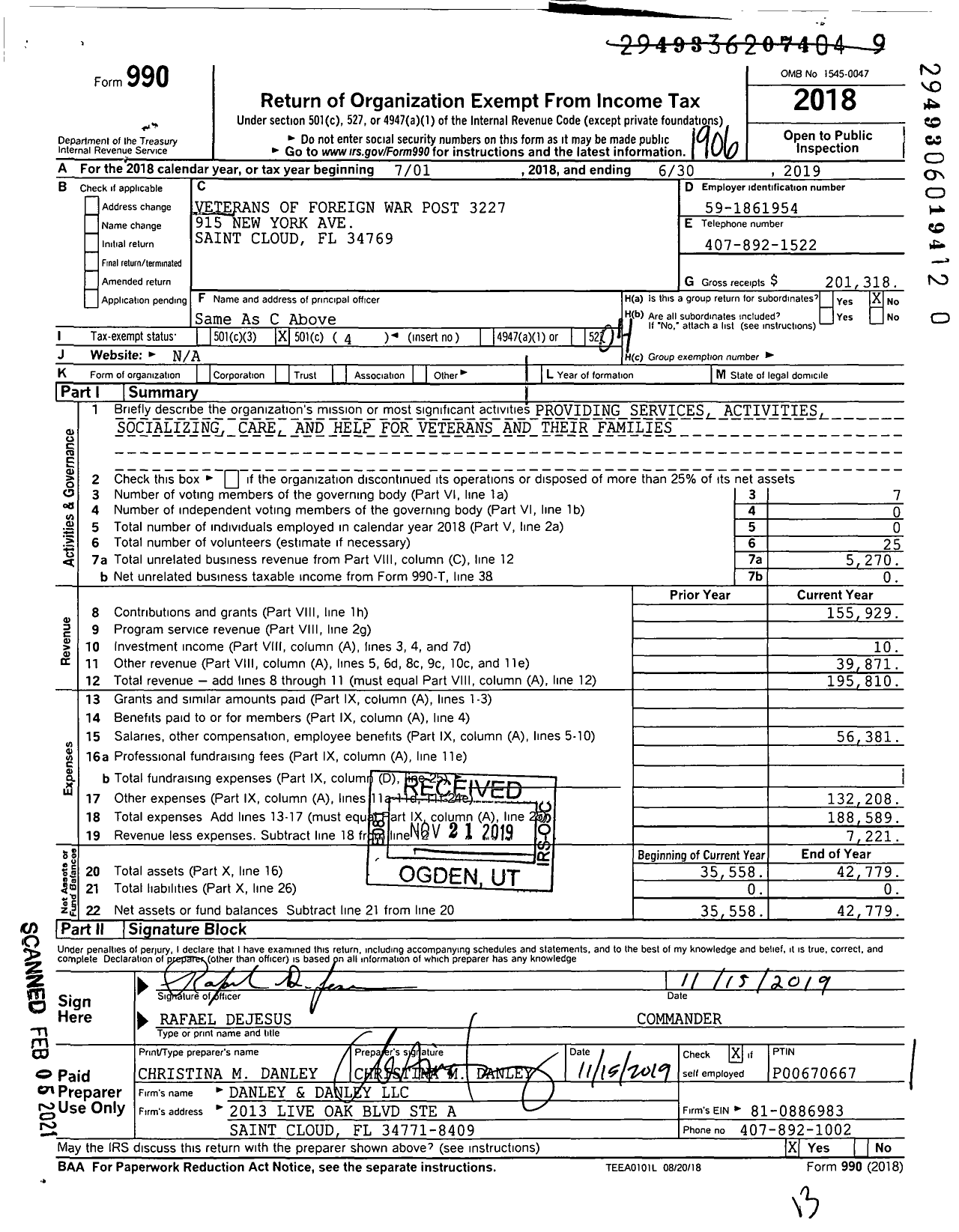 Image of first page of 2018 Form 990O for VFW Department of Florida - 3227 VFW Post