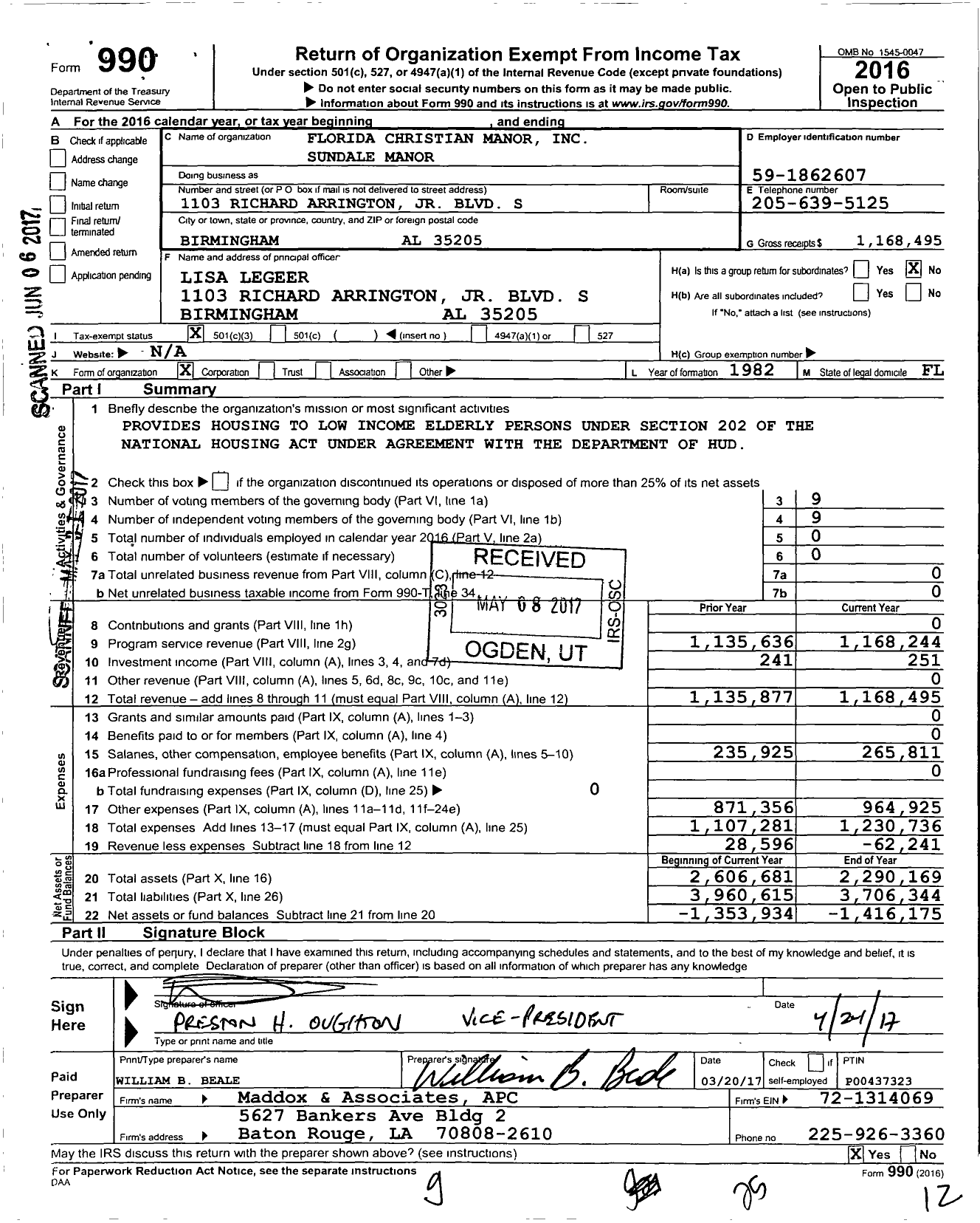 Image of first page of 2016 Form 990 for Florida Christian Manor Sundale Manor