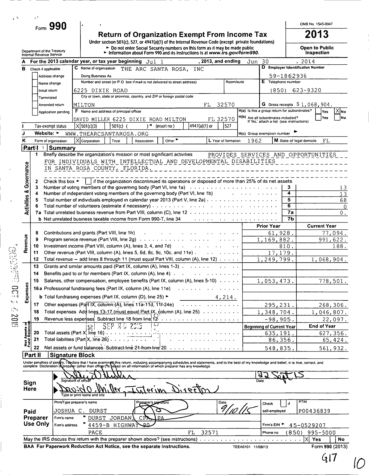 Image of first page of 2013 Form 990 for Arc Santa Rosa