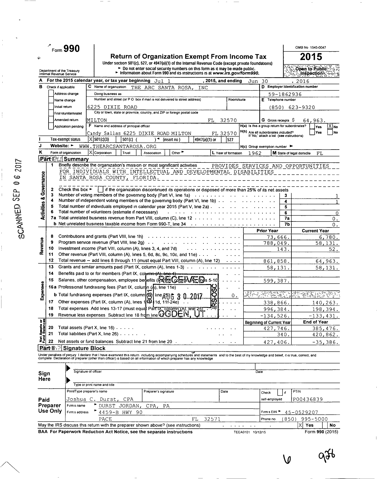 Image of first page of 2015 Form 990 for Arc Santa Rosa