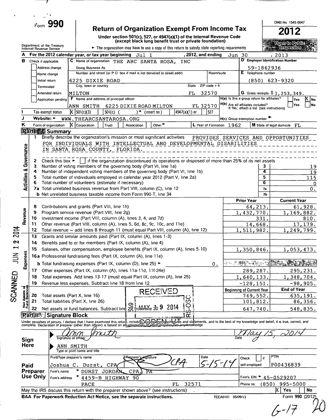 Image of first page of 2012 Form 990 for Arc Santa Rosa