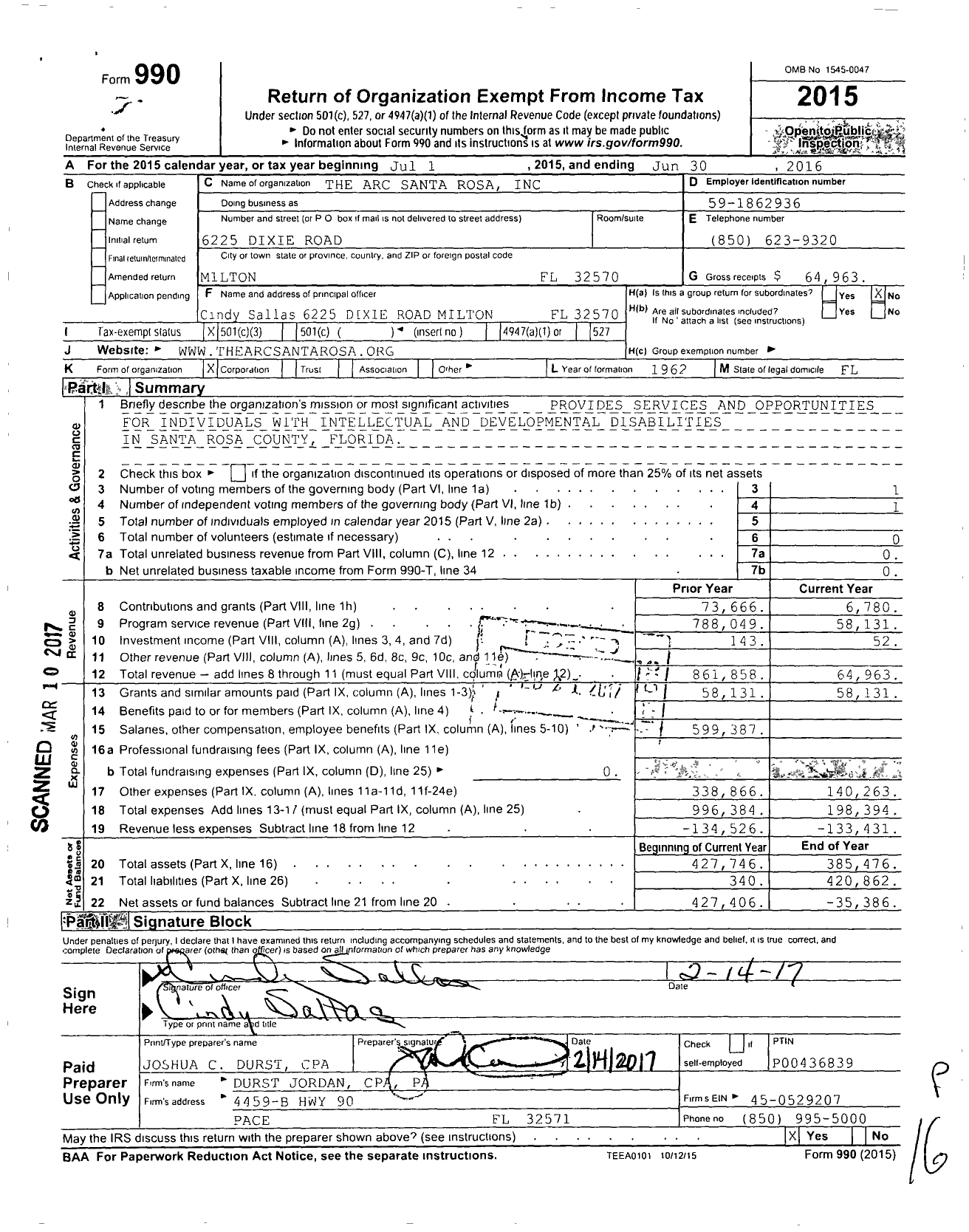 Image of first page of 2015 Form 990 for Arc Santa Rosa