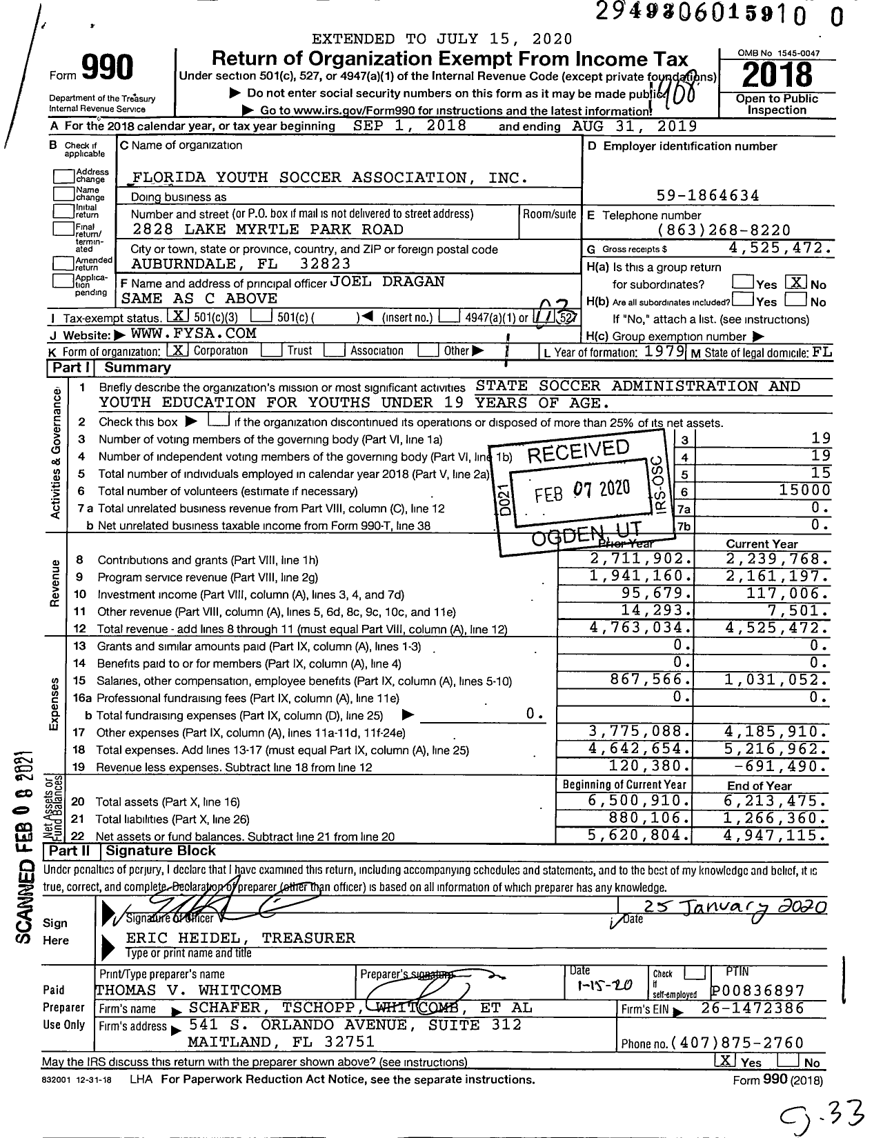 Image of first page of 2018 Form 990 for Florida Youth Soccer Association