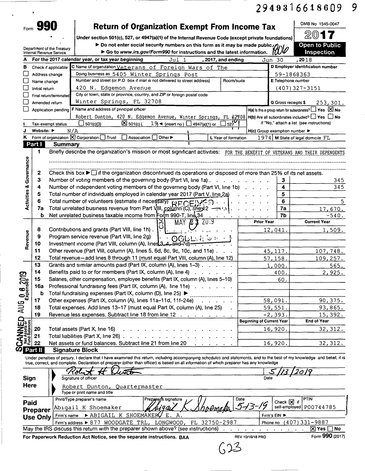 Image of first page of 2017 Form 990O for VFW Department of Florida - 5405 Winter Springs Post