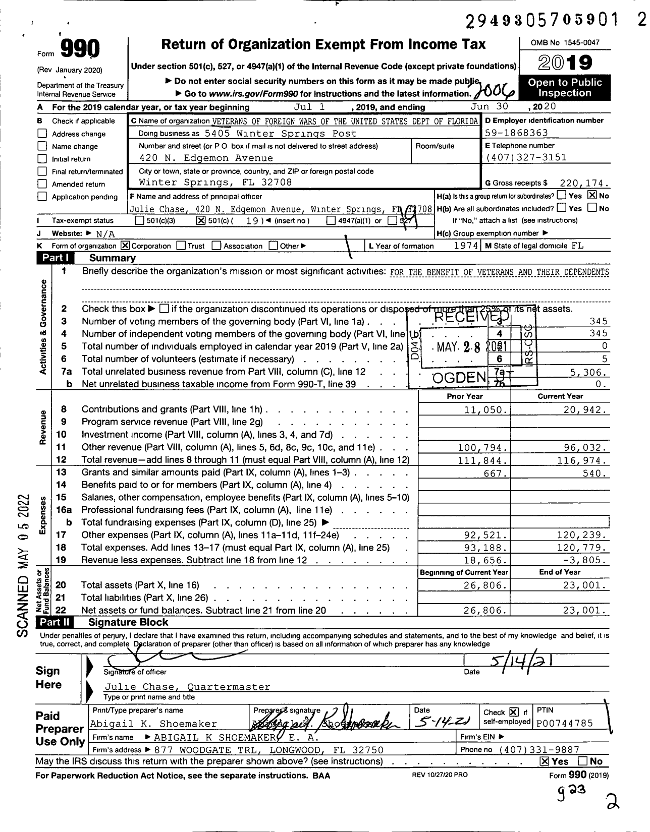 Image of first page of 2019 Form 990O for VFW Department of Florida - 5405 Winter Springs Post