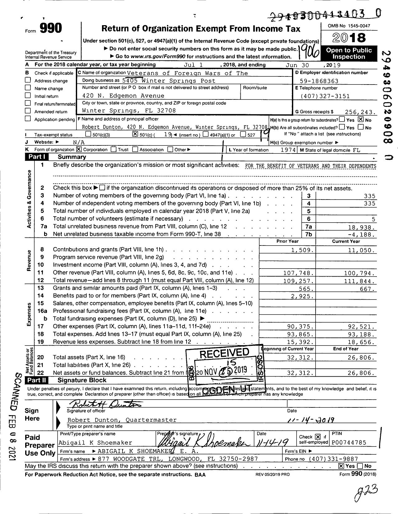 Image of first page of 2018 Form 990O for VFW Department of Florida - 5405 Winter Springs Post