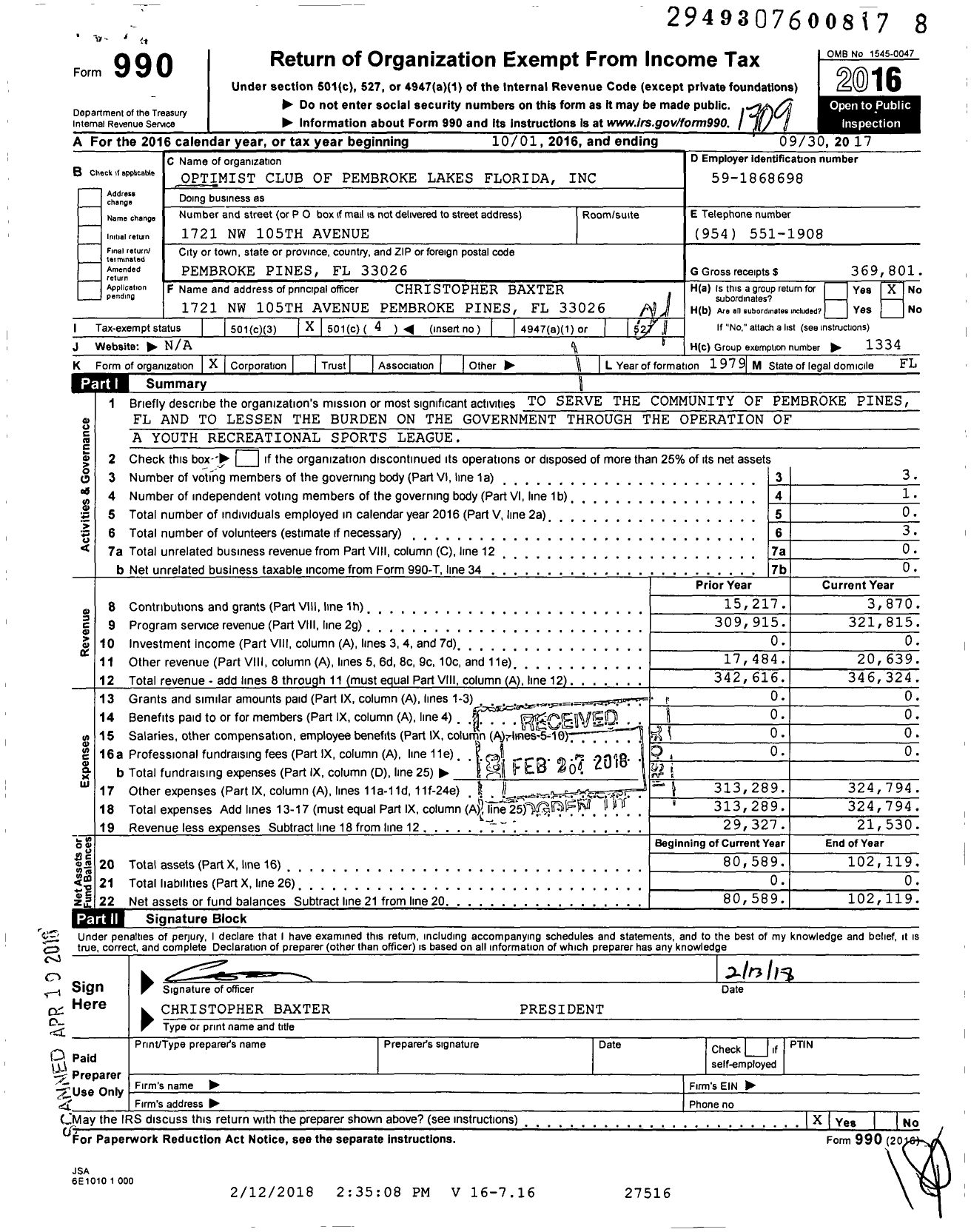 Image of first page of 2016 Form 990O for Optimist Club of Pembroke Lakes Florida