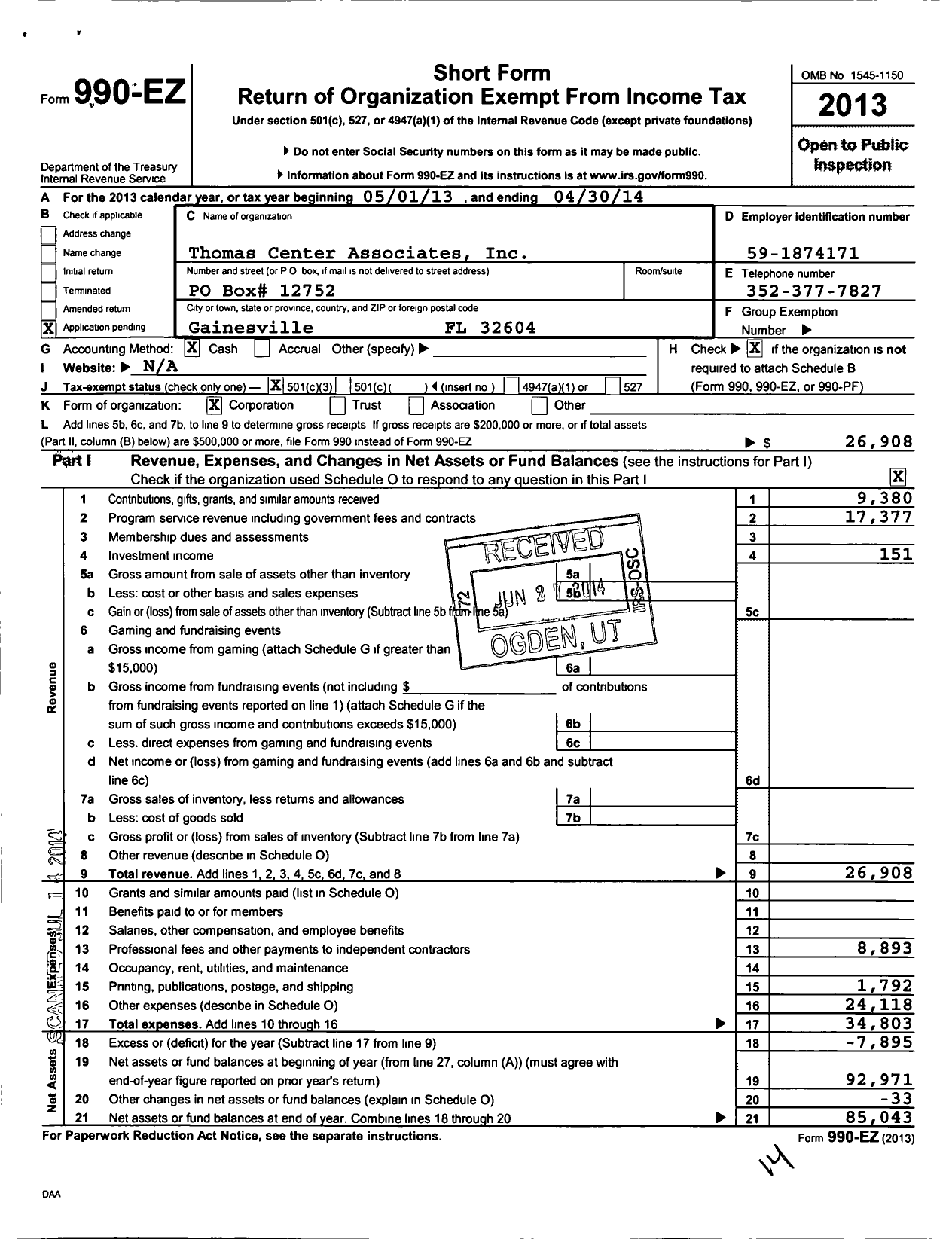 Image of first page of 2013 Form 990EZ for The Thomas Center Associates