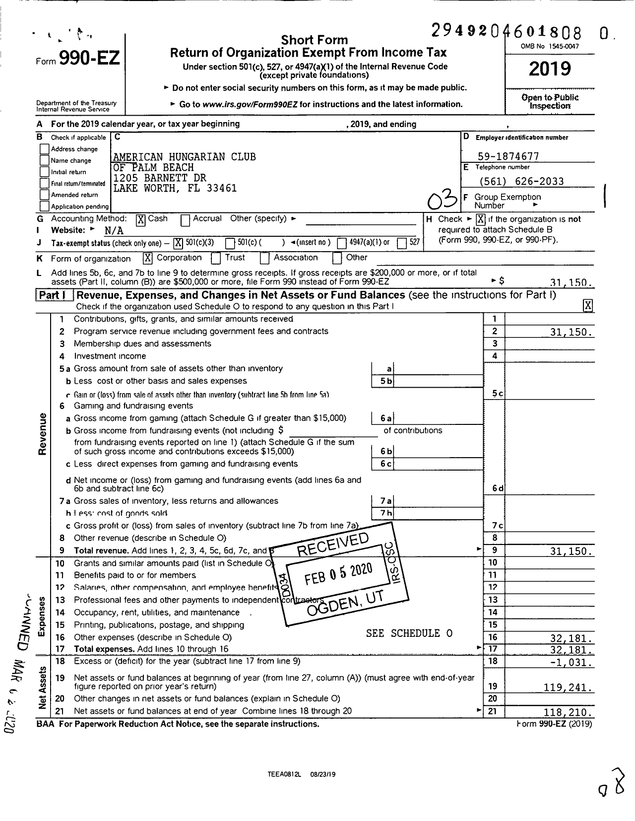 Image of first page of 2019 Form 990EZ for American Hungarian Club of Palm Beach