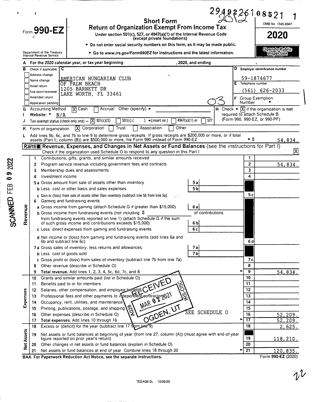 Image of first page of 2020 Form 990EZ for American Hungarian Club of Palm Beach