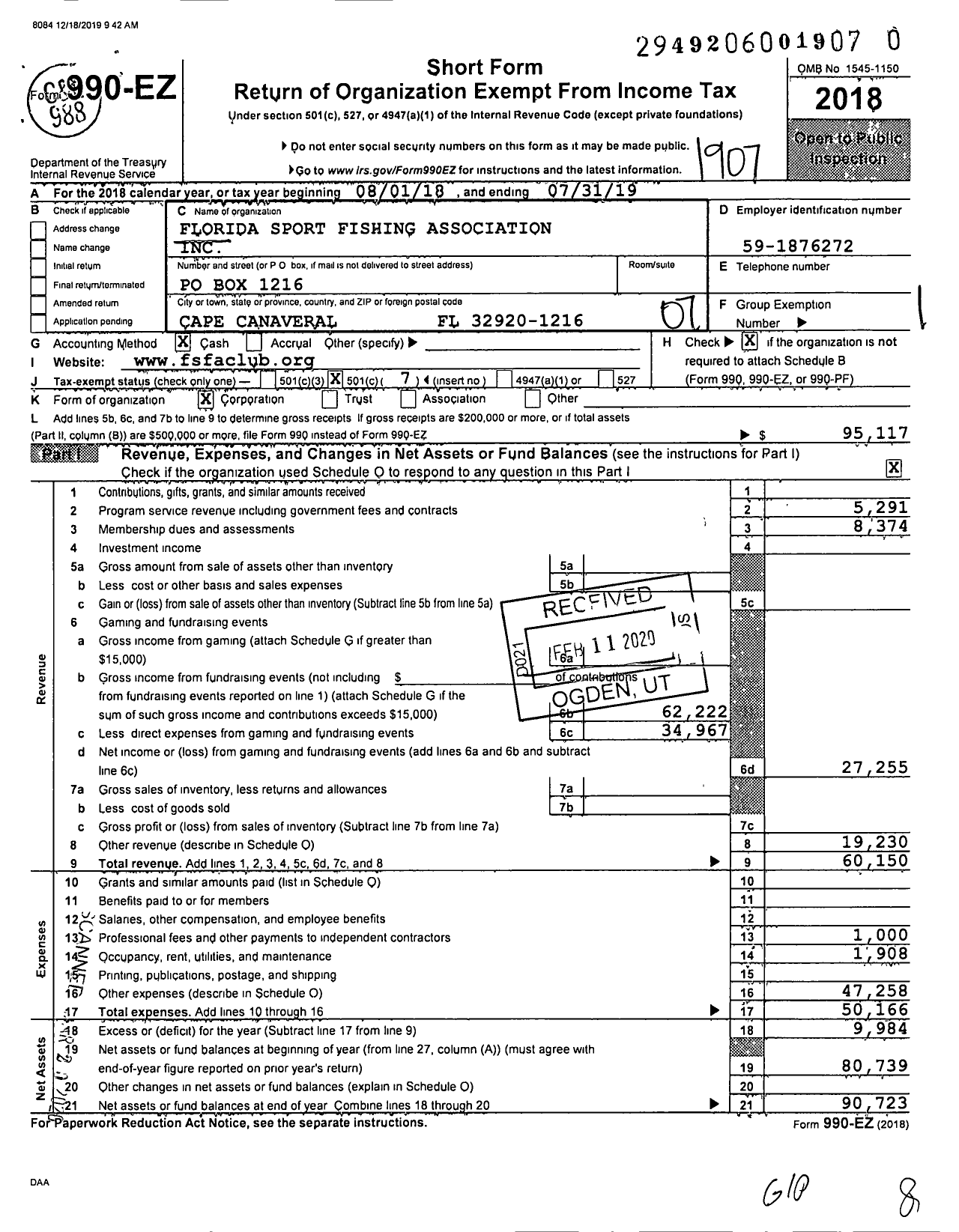 Image of first page of 2018 Form 990EO for Florida Sport Fishing Association