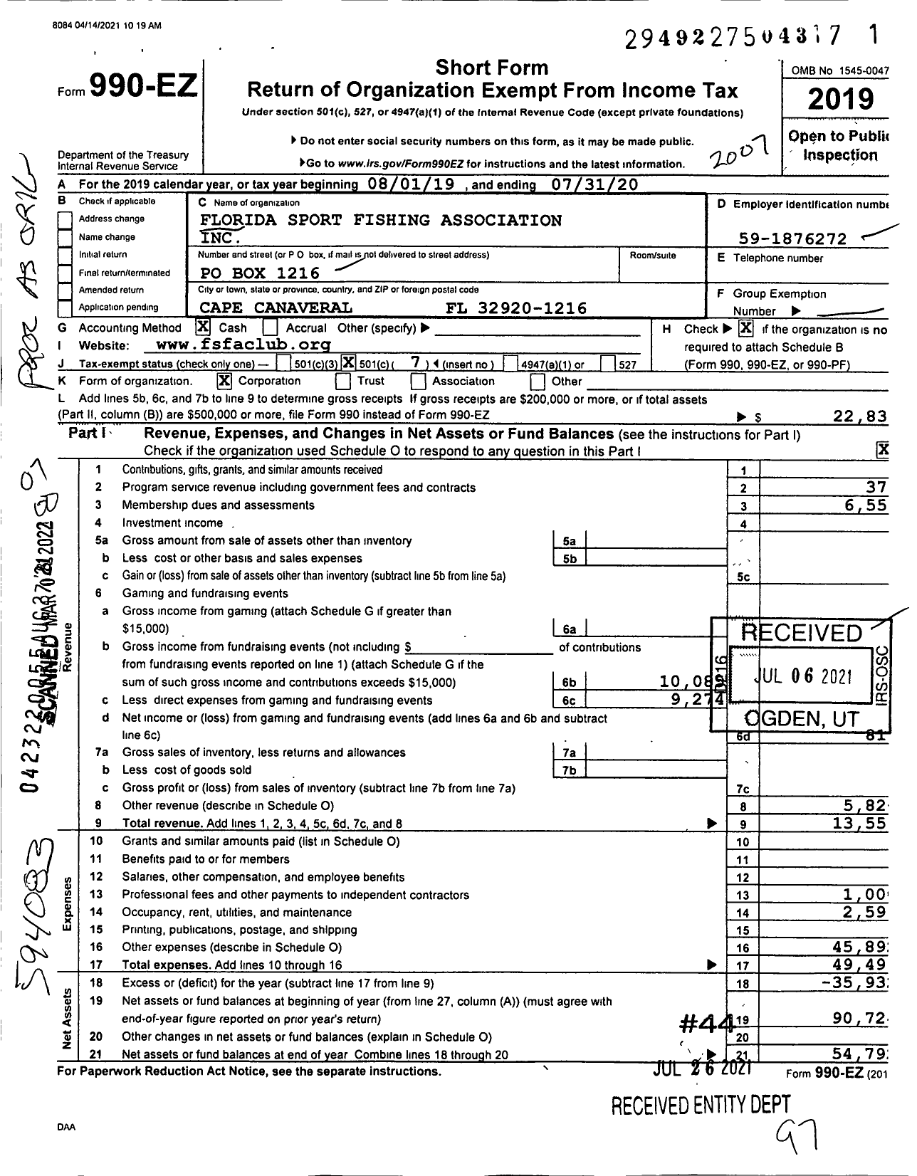 Image of first page of 2019 Form 990EO for Florida Sport Fishing Association