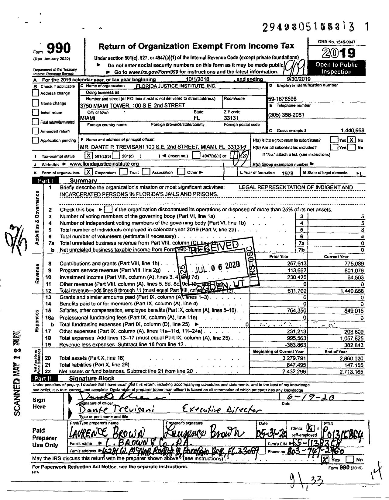 Image of first page of 2018 Form 990 for Florida Justice Institute (FJI)