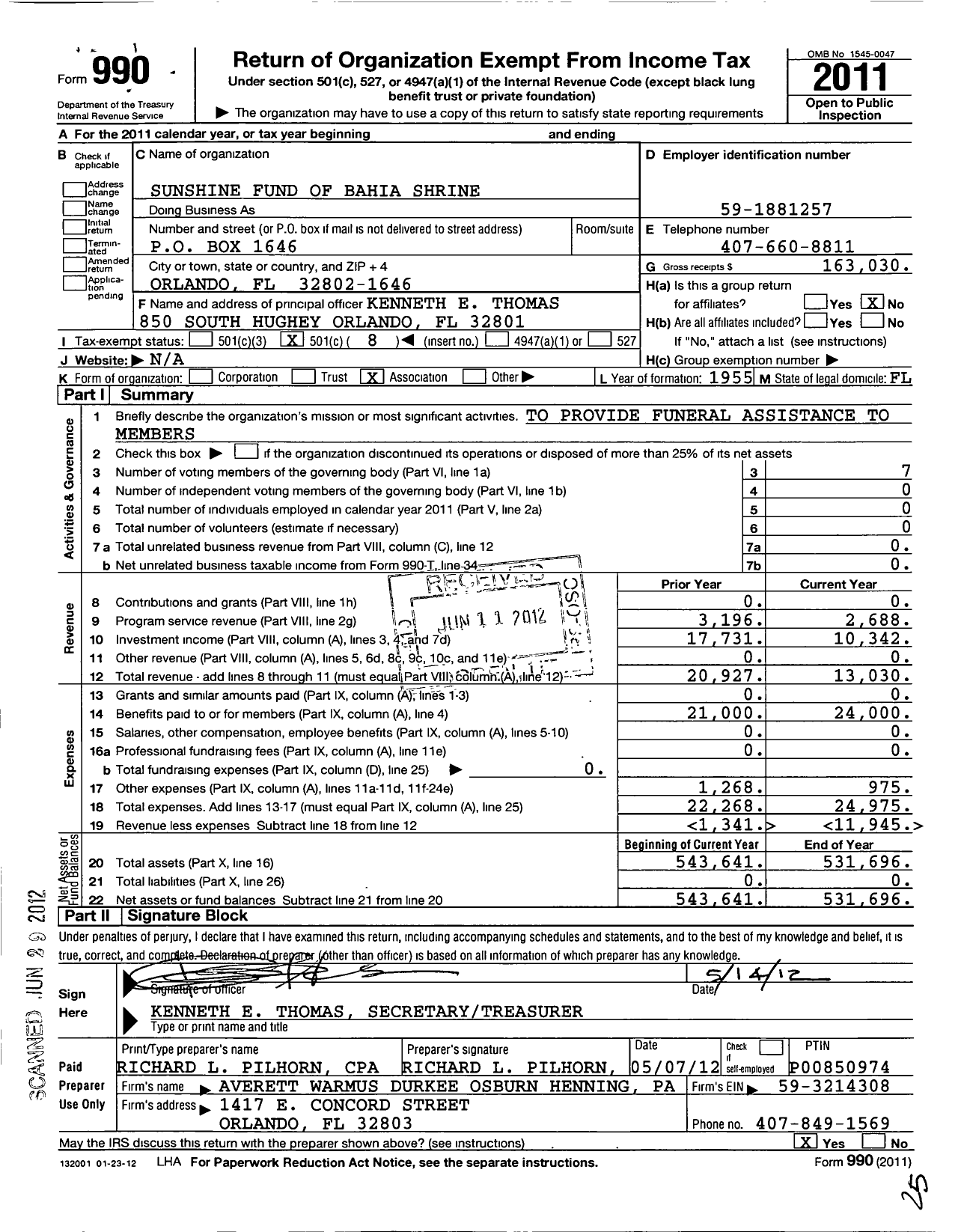 Image of first page of 2011 Form 990O for Sunshine Fund of Bahia Shrine Temple
