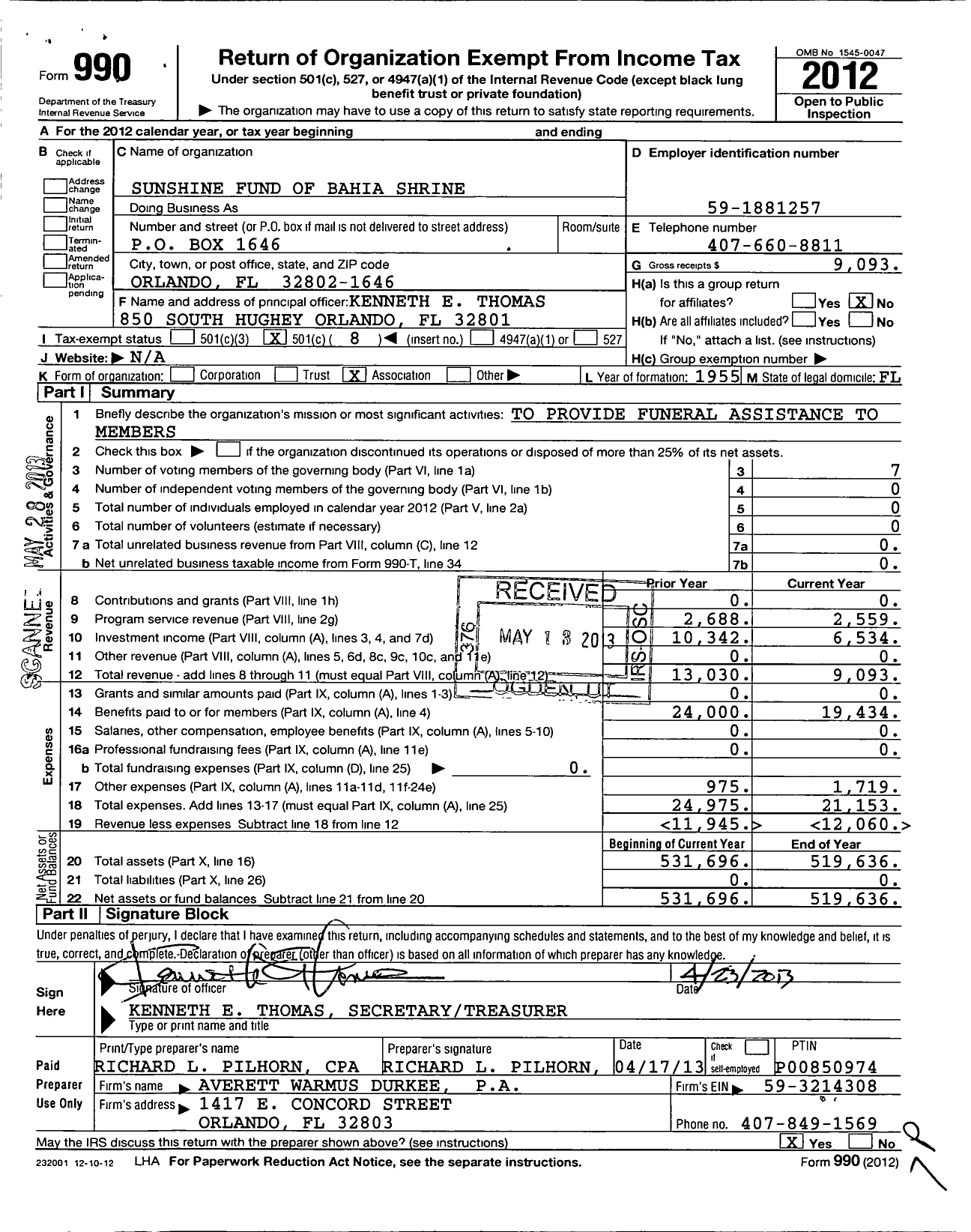 Image of first page of 2012 Form 990O for Sunshine Fund of Bahia Shrine Temple