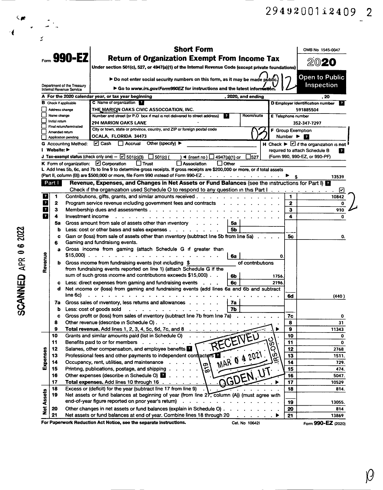 Image of first page of 2020 Form 990EZ for The Marion Oaks Civic Association Incorporated