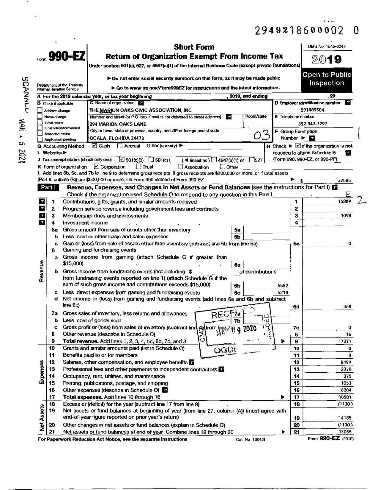 Image of first page of 2019 Form 990EZ for The Marion Oaks Civic Association Incorporated