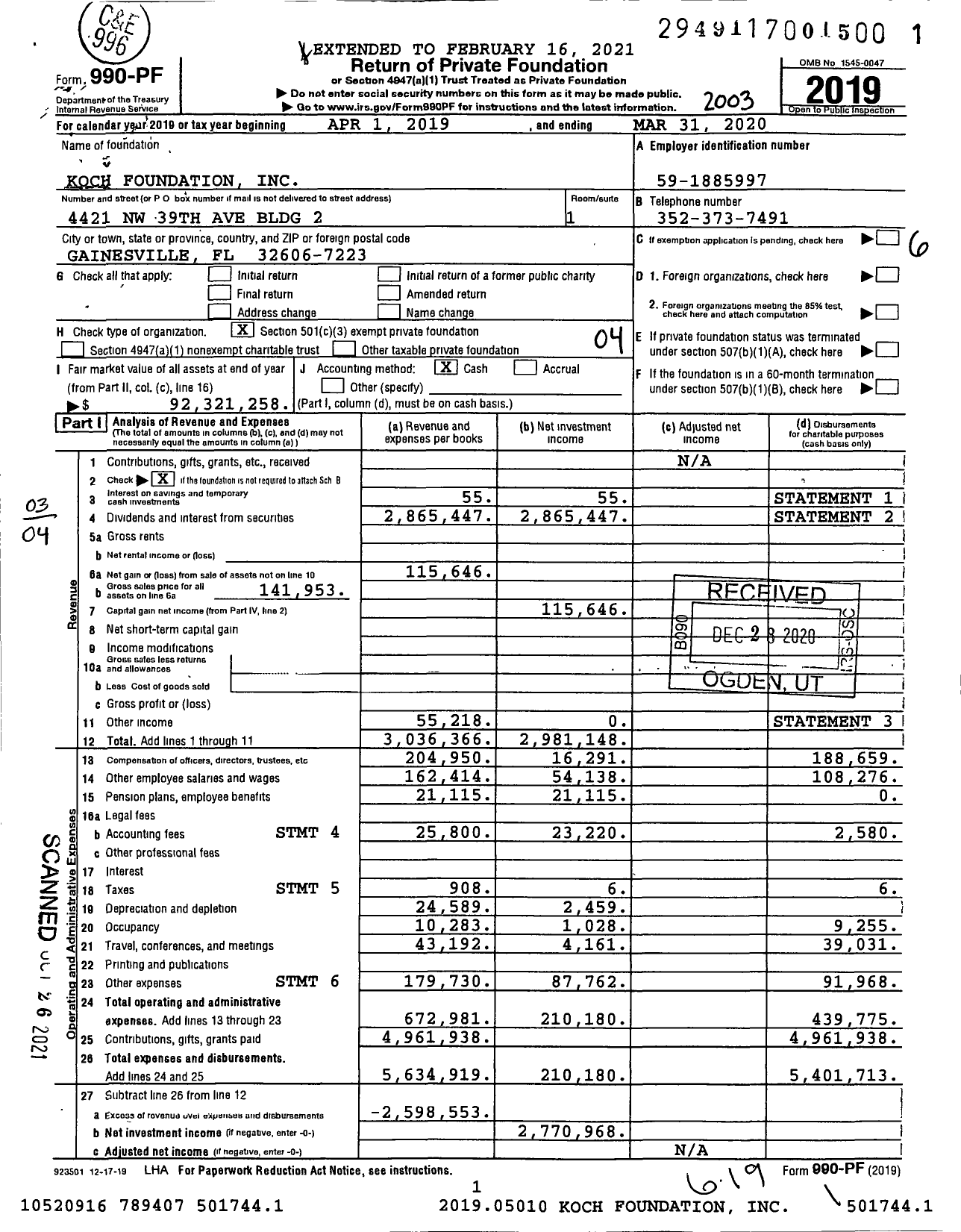 Image of first page of 2019 Form 990PF for Koch Foundation