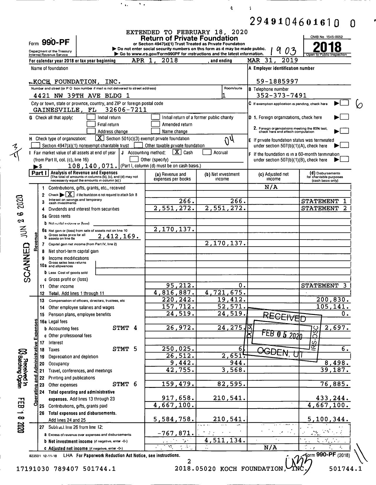 Image of first page of 2018 Form 990PR for Koch Foundation