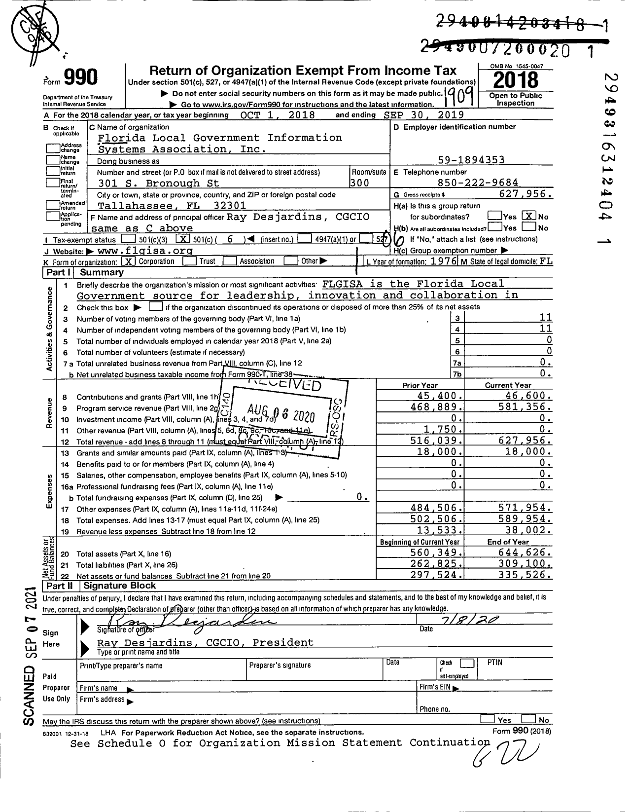 Image of first page of 2018 Form 990O for Florida Local Government Information Systems Association