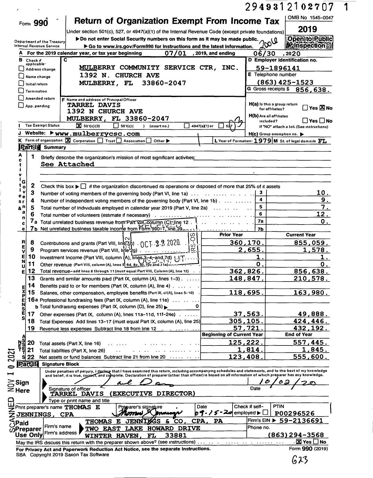 Image of first page of 2019 Form 990 for Mulberry Community Service Center