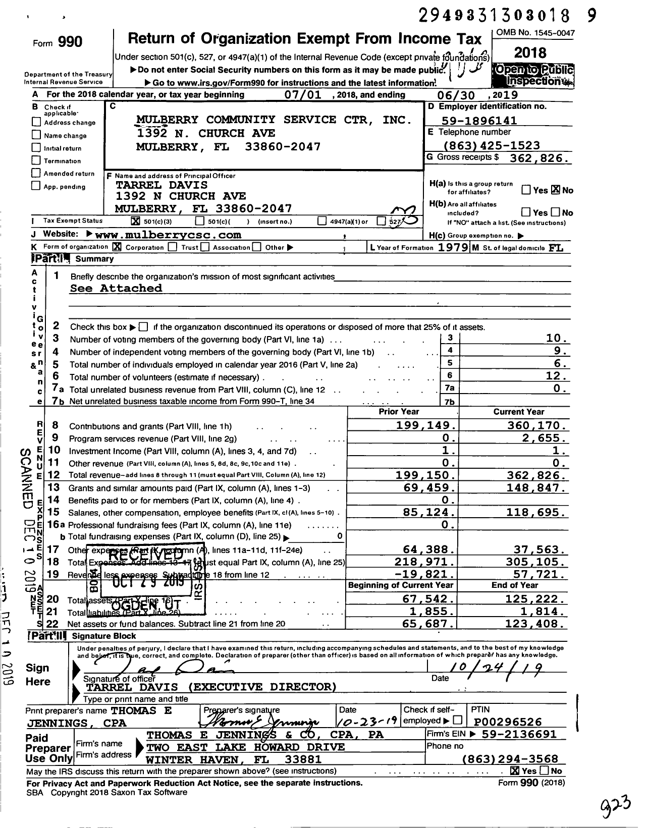 Image of first page of 2018 Form 990 for Mulberry Community Service Center