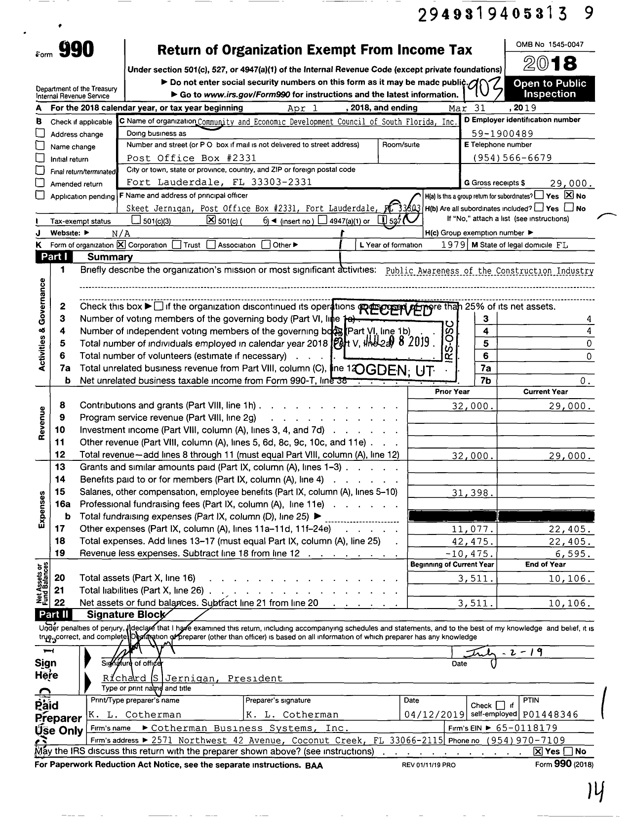 Image of first page of 2018 Form 990O for Community and Economic Development Council of South Florida