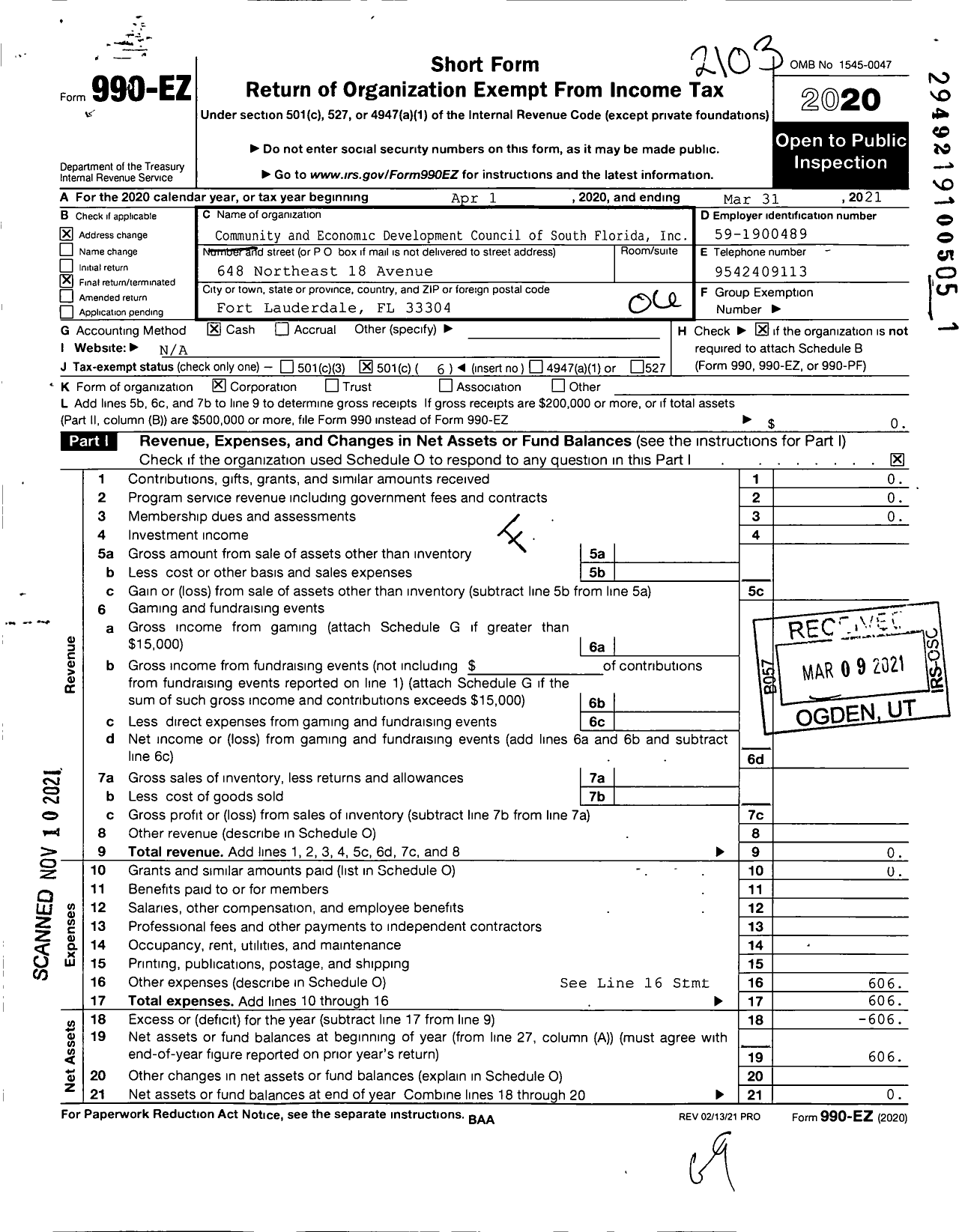 Image of first page of 2020 Form 990EO for Community and Economic Development Council of South Florida