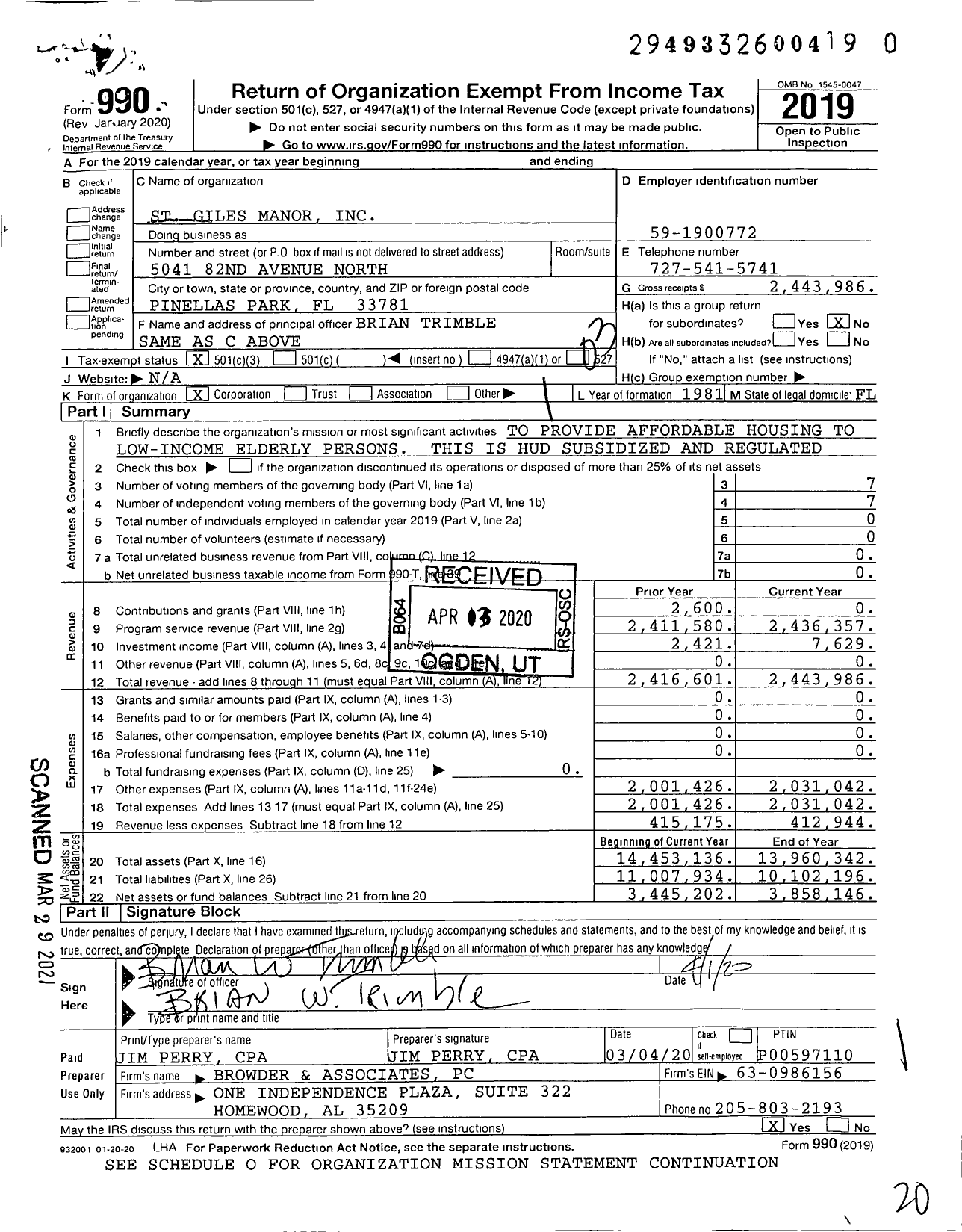 Image of first page of 2019 Form 990 for St Giles Manor