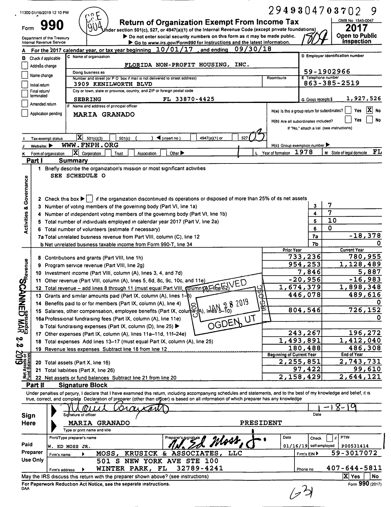 Image of first page of 2017 Form 990 for Florida Non-Profit Housing