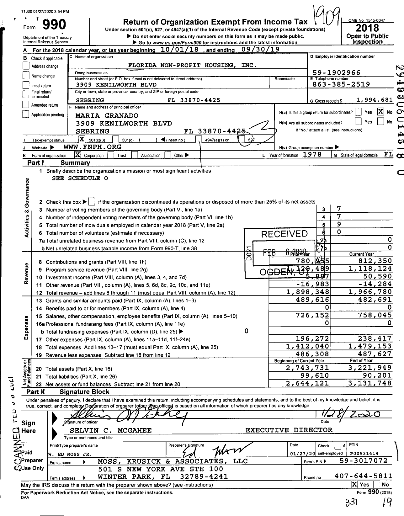 Image of first page of 2018 Form 990 for Florida Non-Profit Housing