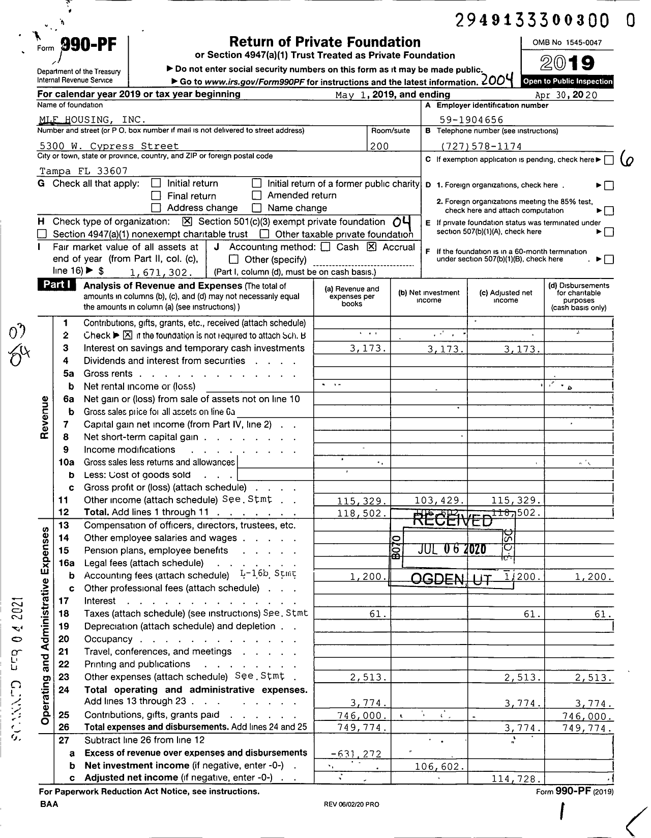 Image of first page of 2019 Form 990PF for MLF Housing