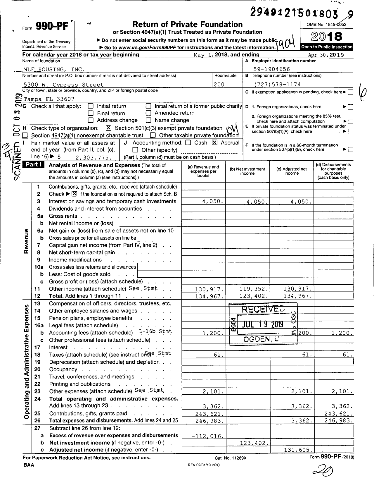 Image of first page of 2018 Form 990PF for MLF Housing