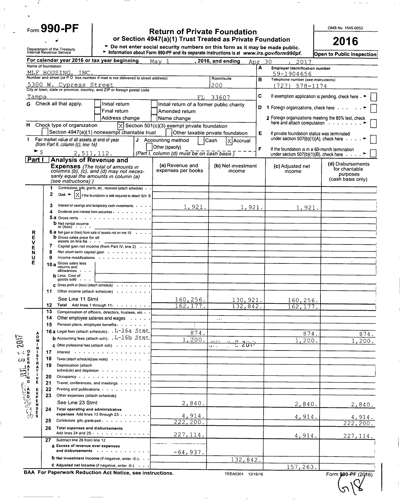 Image of first page of 2016 Form 990PF for MLF Housing