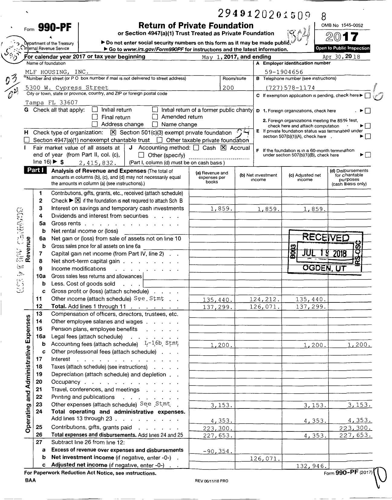 Image of first page of 2017 Form 990PF for MLF Housing