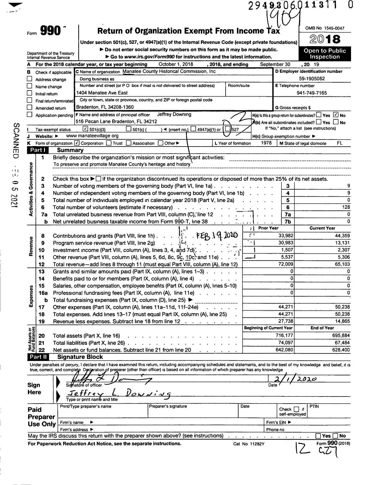 Image of first page of 2018 Form 990 for Manatee County Historical Commission