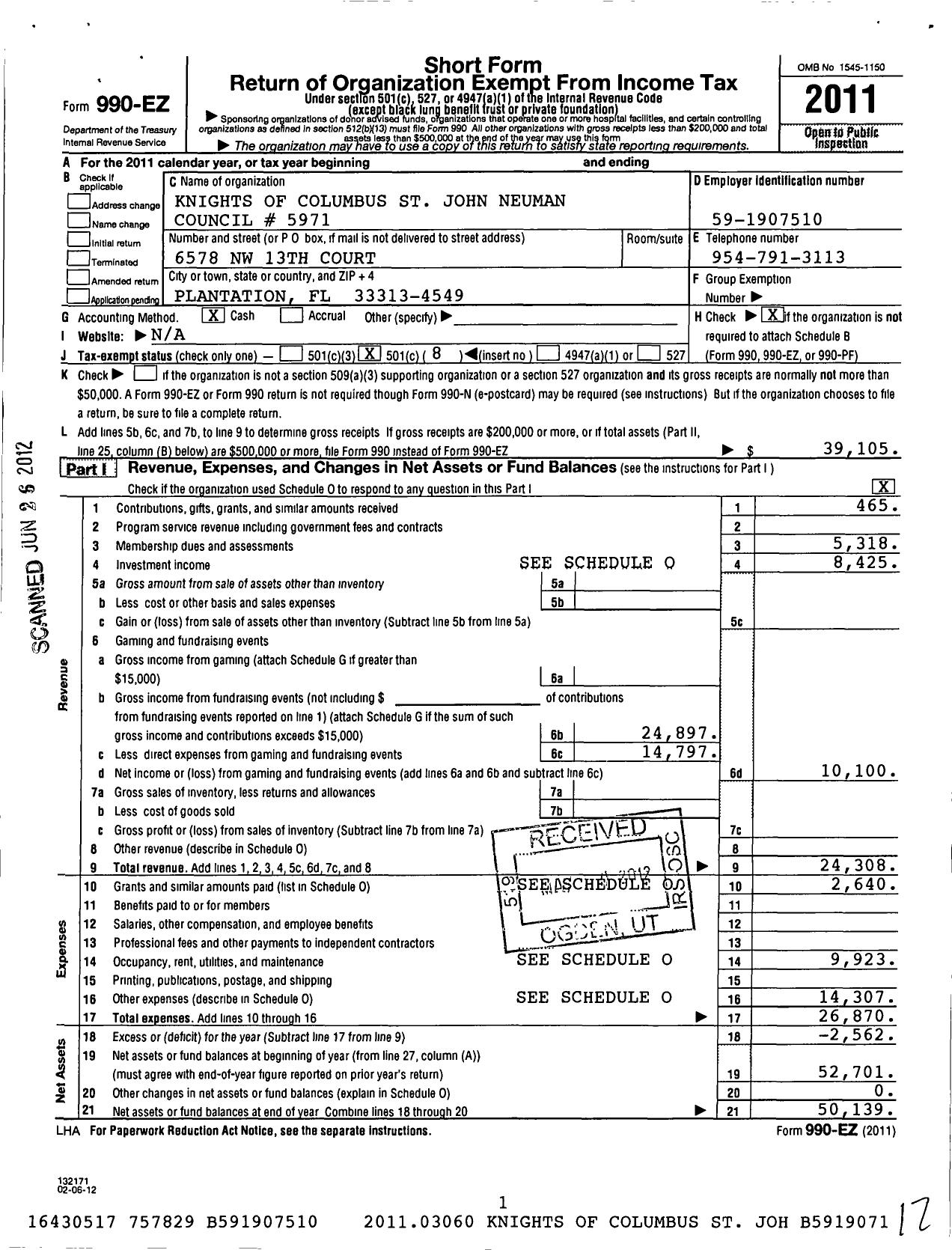 Image of first page of 2011 Form 990EO for Knights of Columbus - 5971 St John Neumann Council