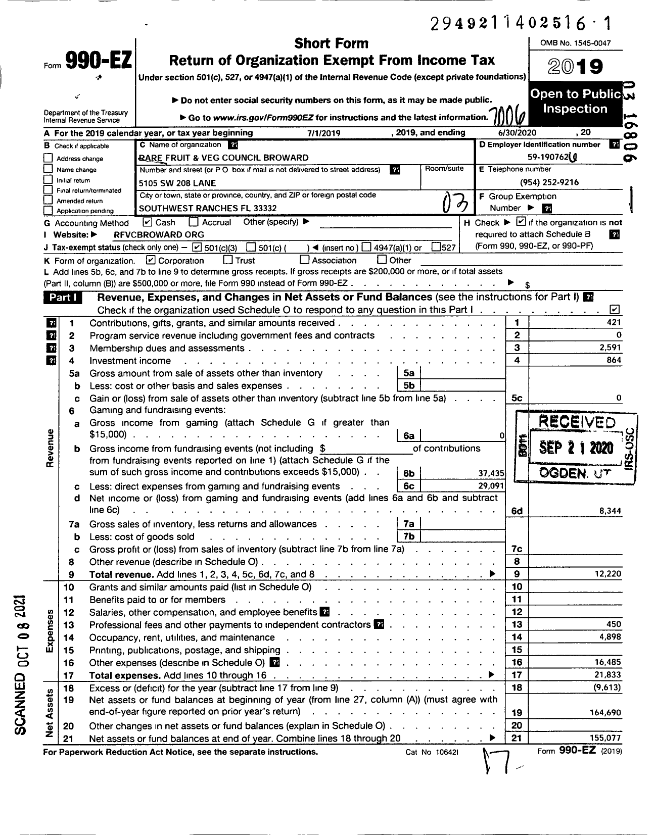 Image of first page of 2019 Form 990EZ for Rare Fruit and Vegtable Council of Broward County